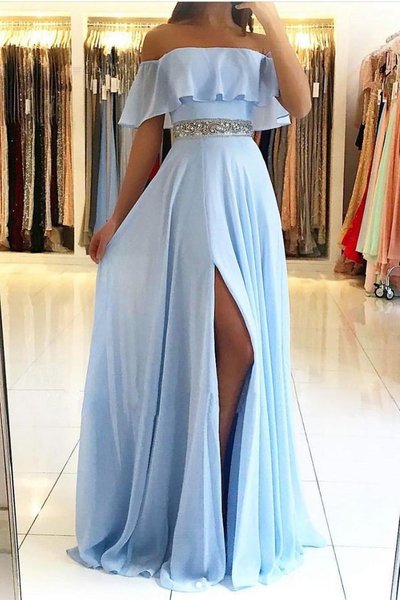 Sky Blue Off The Shoulder Evening Dresses Sexy | Chiffon Side Slit Cheap Prom Dress with Crystals Belt,608