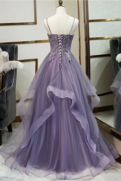 Elegant A Line Spaghetti Straps Purple Long Prom/Evening Dresses with Appliques,609