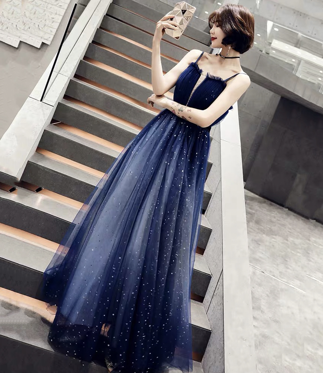 Blue tulle long A line prom dress blue evening dress