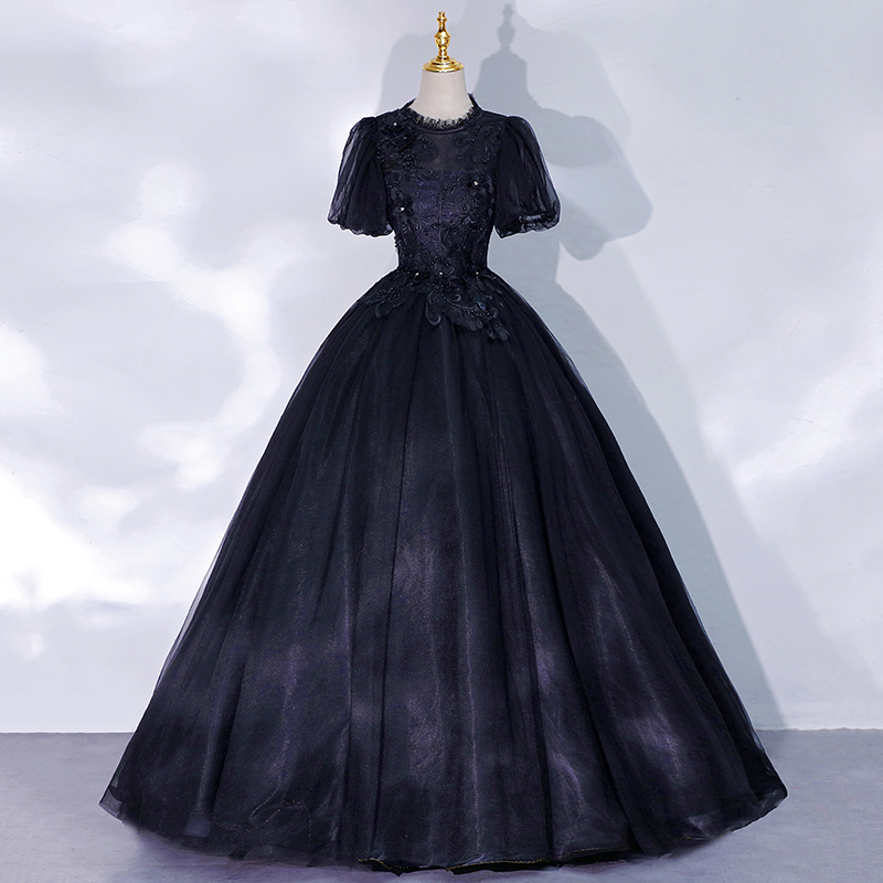 Black tulle lace long ball gown dress formal gown
