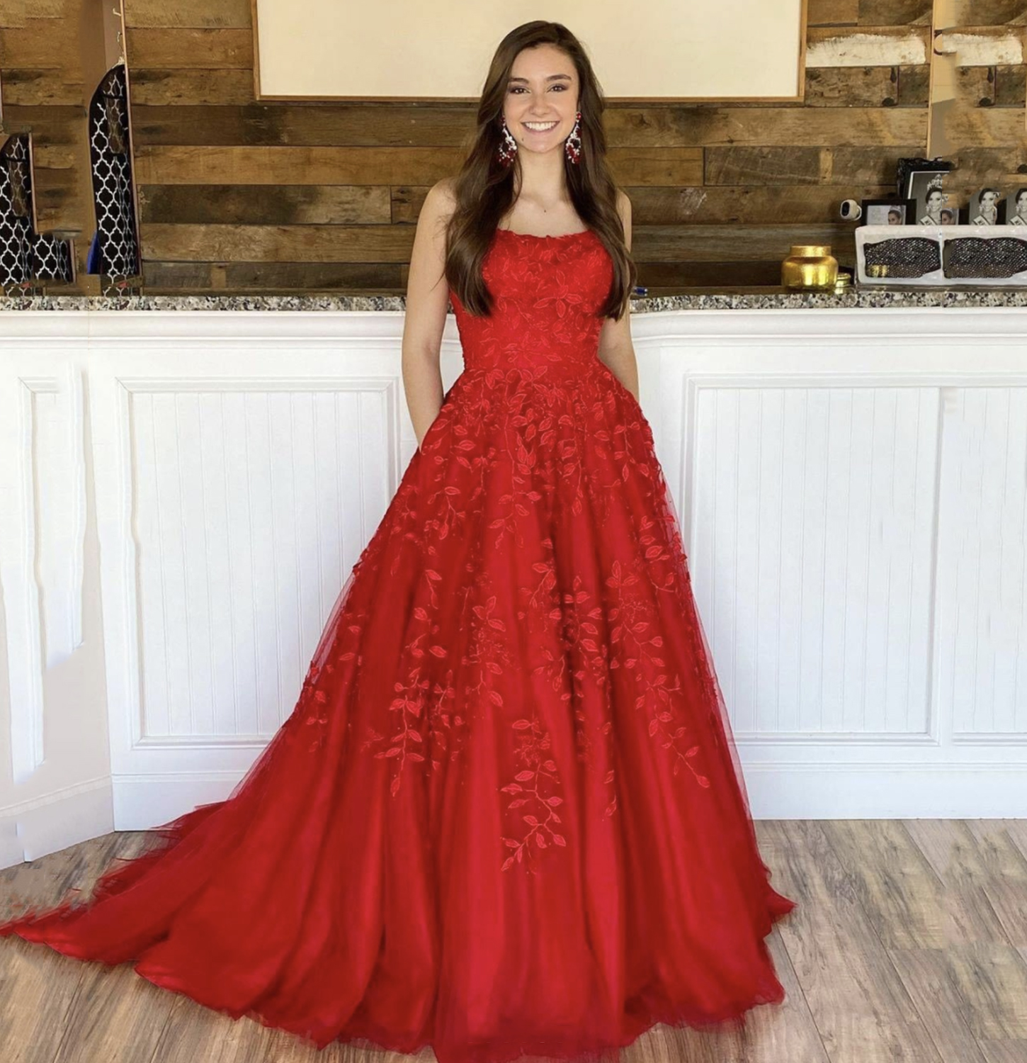 Red tulle lace long prom dress lace evening gown