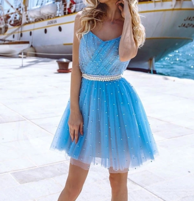 Marvelous A-Line Strapless Sky Blue Tulle Short Homecoming Dresses with Pearls,611