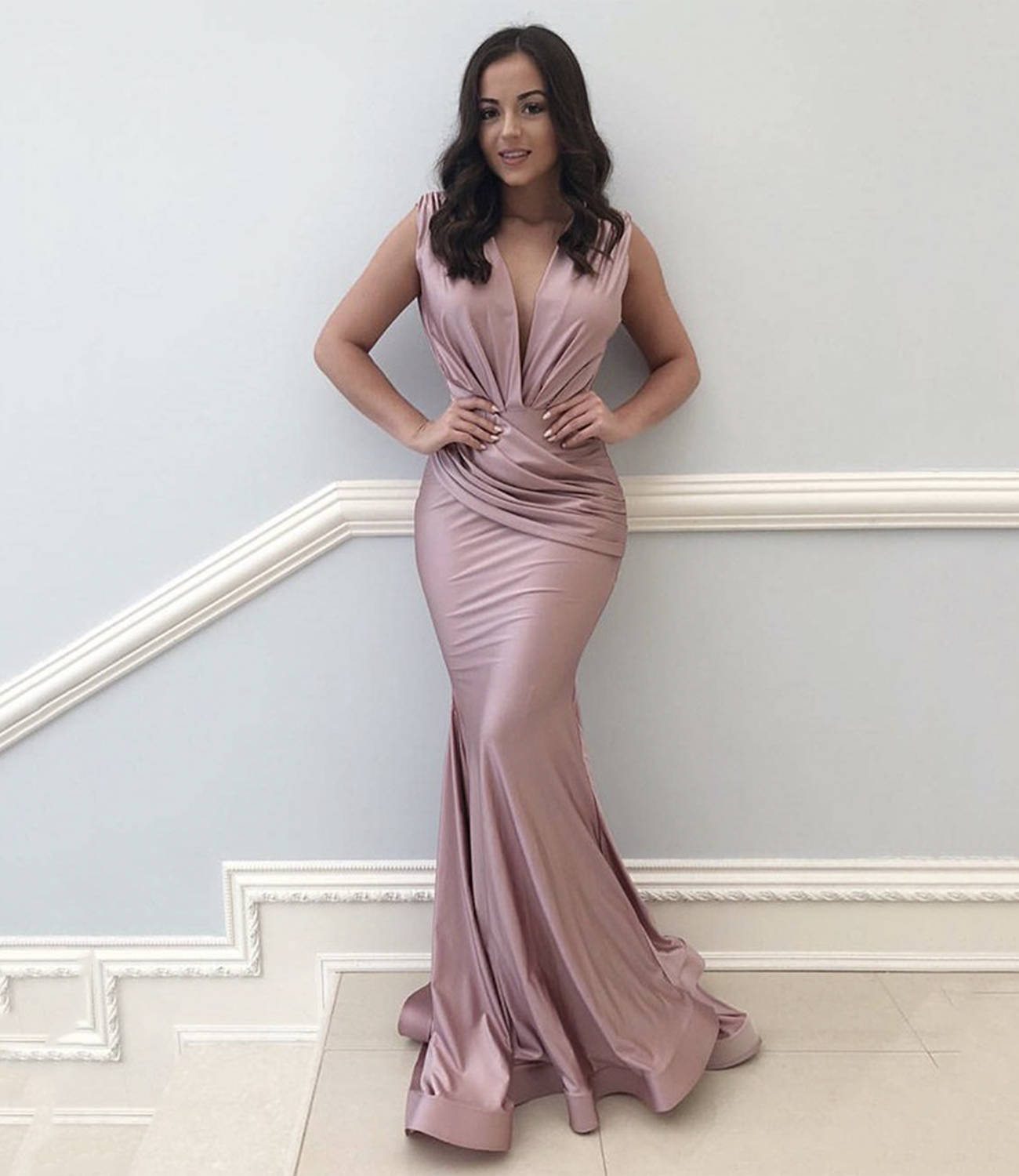 Pink v neck long prom dress mermaid evening dress