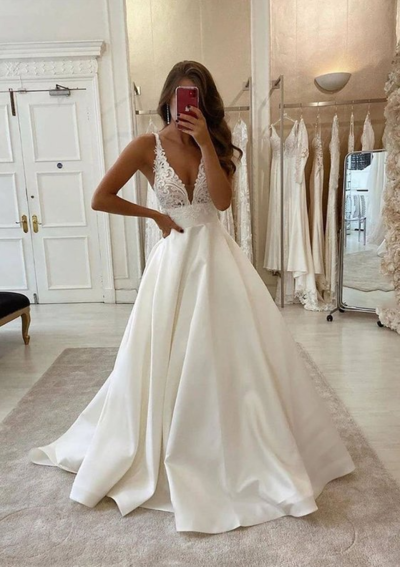 v neck satin lace long wedding dress