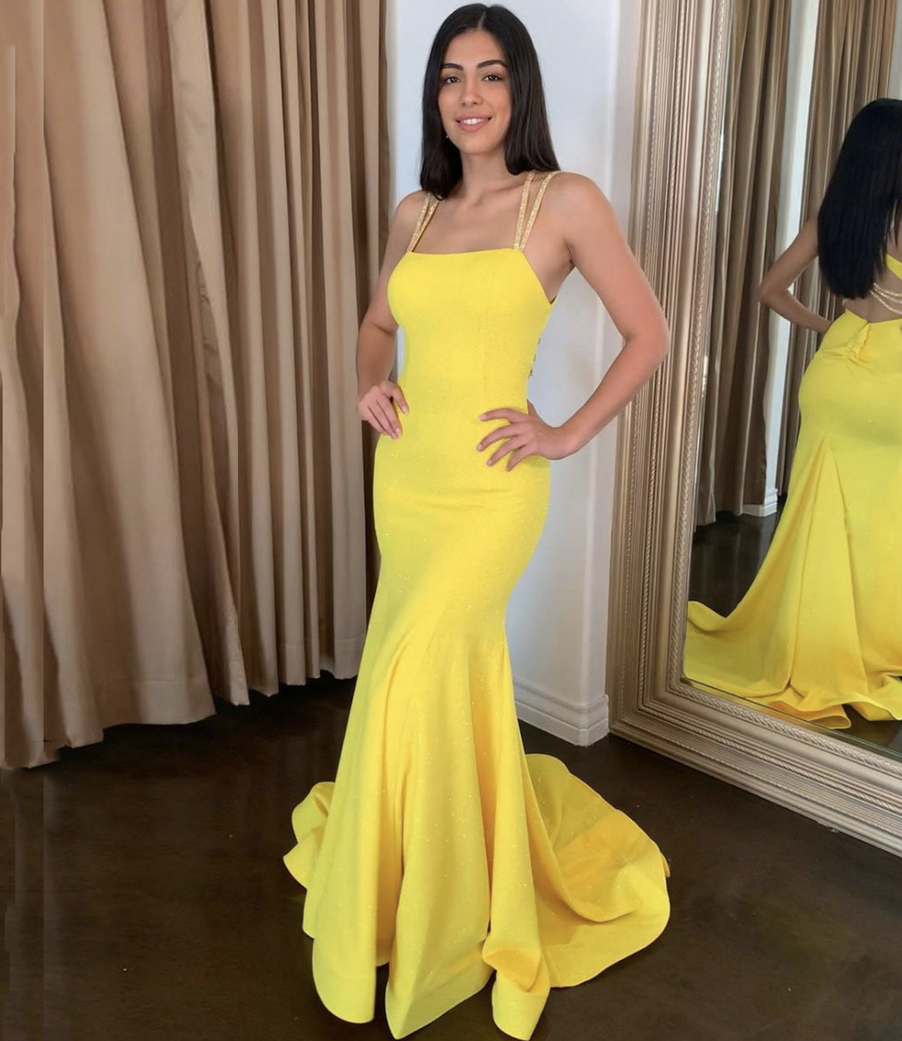 Yellow satin long prom dress mermaid evening gown