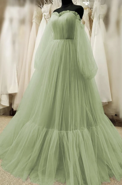 Cute Tulle prom dress green evening dress