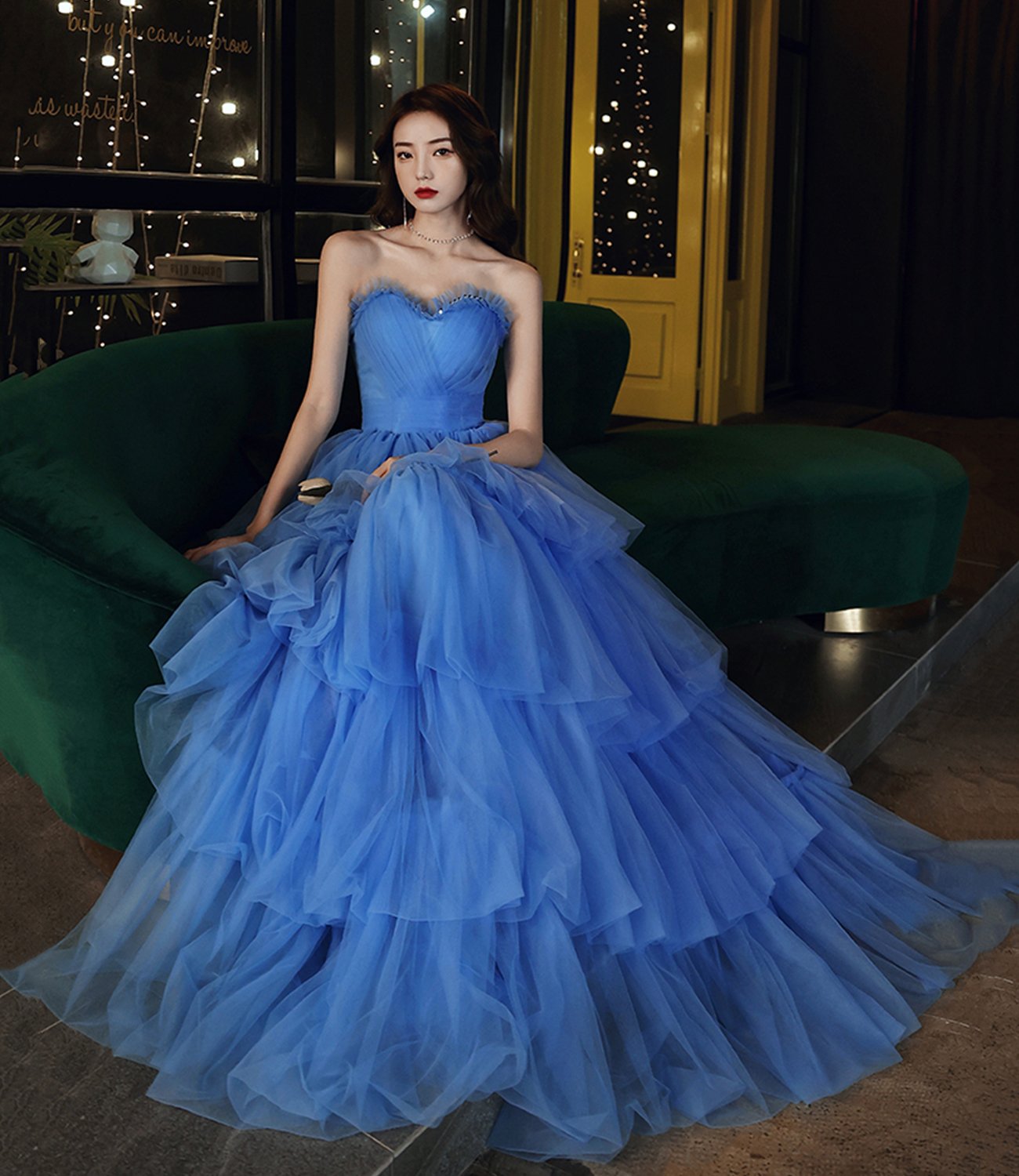 Blue tulle long A line prom dress blue evening gown