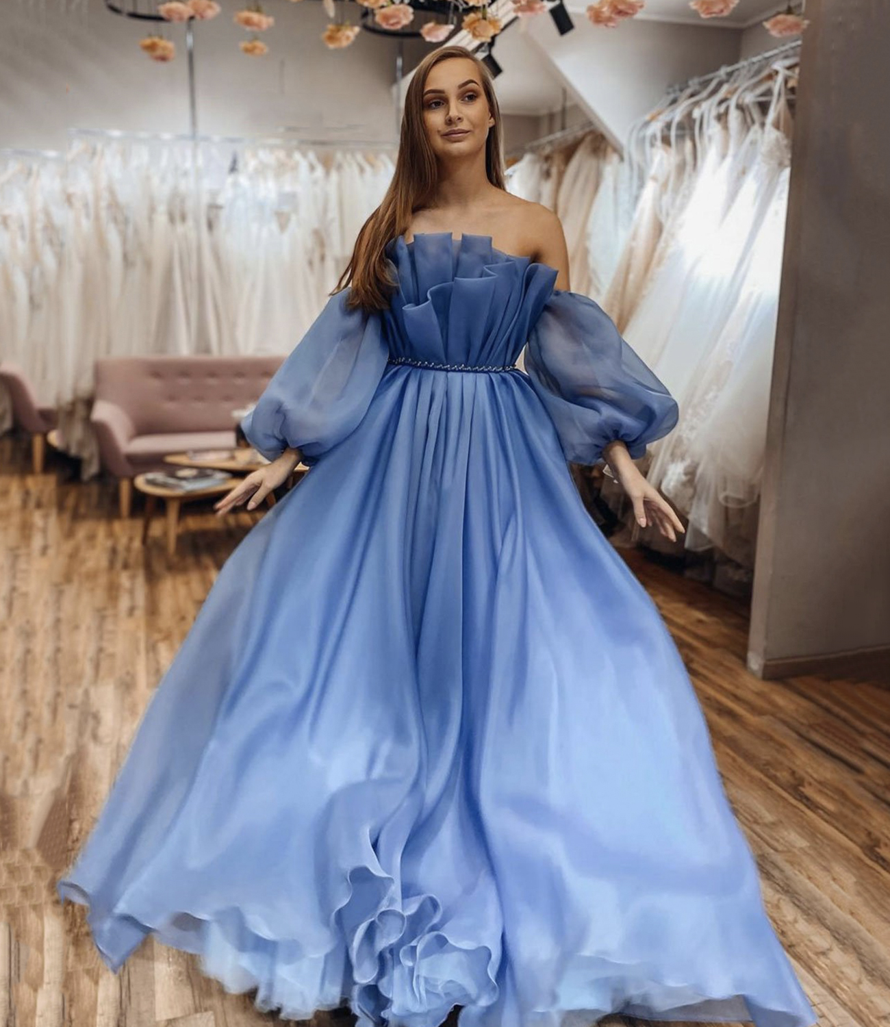 Blue tulle long A line prom dress evening dress