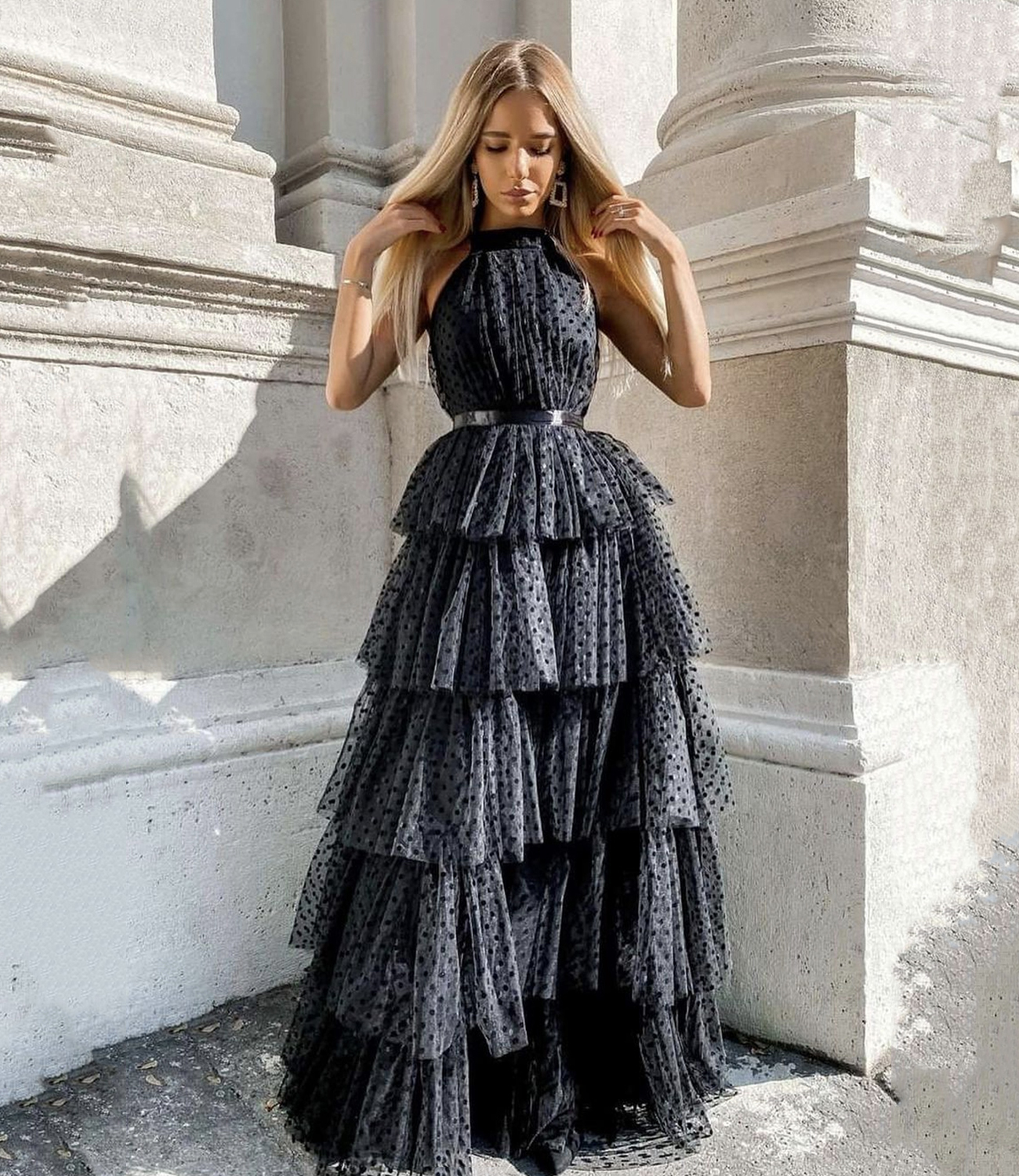 Black tulle long A line prom dress evening gown