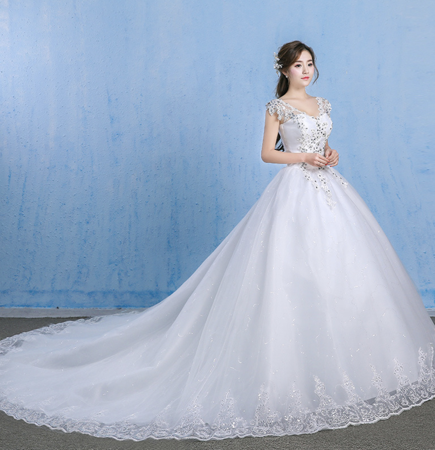 White lace long ball gown with train wedding dress