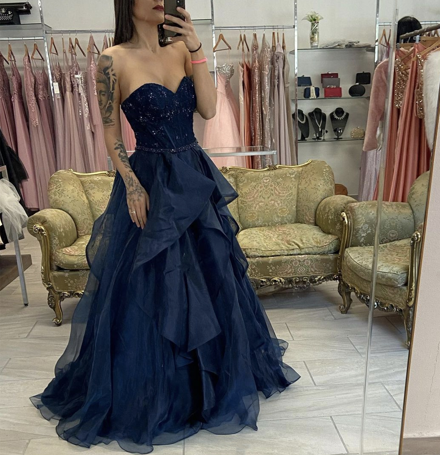 Blue tulle lace long prom dress A line evening gown