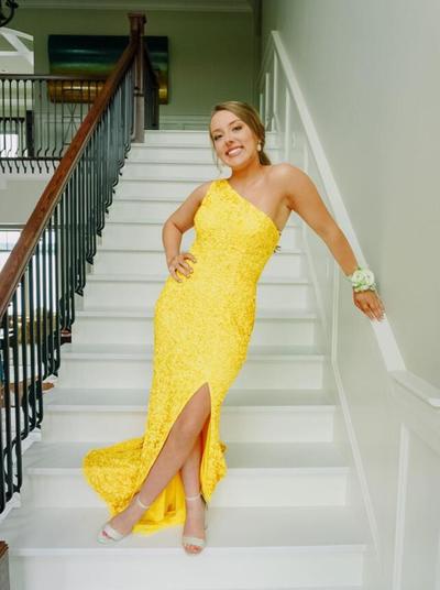 Sexy One Shoulder Yellow Sequin Long Prom Dress
