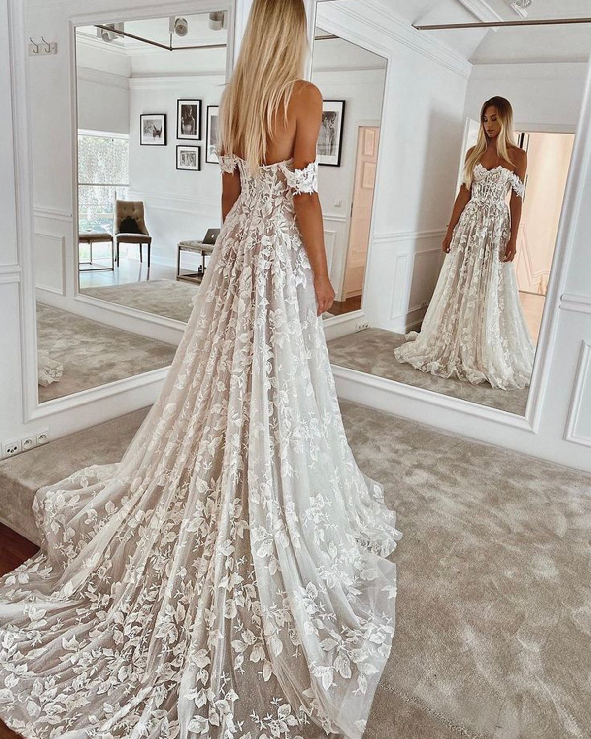 Romantic lace long A line prom dress evening gown