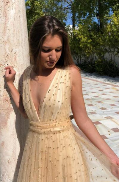 Princess A Line V Neck Gold Prom Dress with Pearls