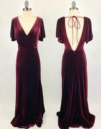 A-line Burgundy Velvet Long Prom Dress