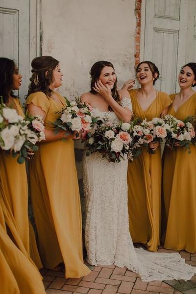 A Line Chiffon Yellow Long Bridesmaid Dress