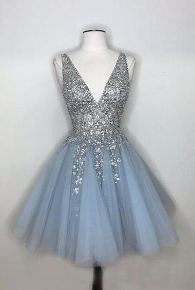 Deep V-neck Light Blue Short Homecoming Dresses