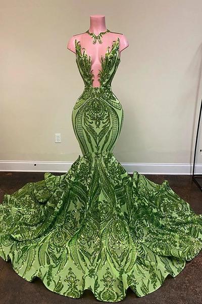 Green prom dresses, lace prom dresses, mermaid prom dresses, court train evening dresses, long evening dresses, sequins formal dresses, 618