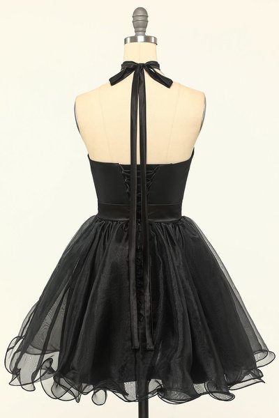 Halter Black Tulle Short Prom Dress,Graduation Dresses,Cheap Homecoming Dresses,622