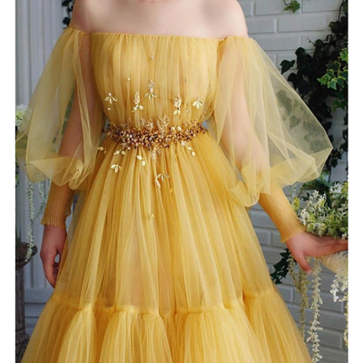 Yellow prom dresses, long sleeve prom dresses, pearls prom dresses, beading prom dresses, off the shoulder prom dresses, lace prom dresses, 628