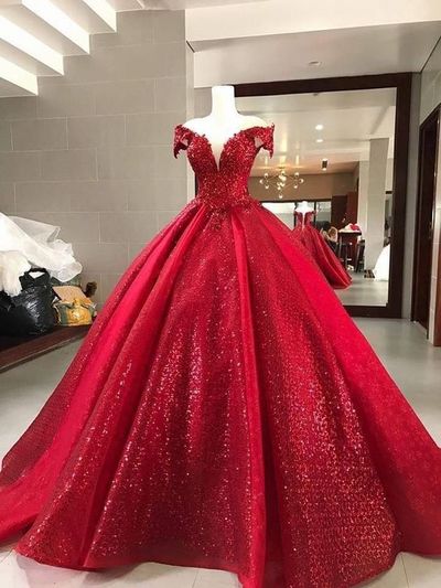 Sparkly prom dresses, ball gown prom dresses, sweetheart prom dresses, sequins prom dresses, red evening dresses, ball gown evening dresses, 634