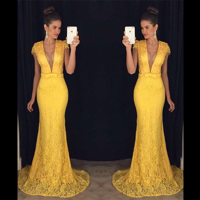 Sexy Deep V Neck Trumpet Tulle Prom Dress, Elegant Yellow Lace Prom Dress with Covered Buttons, Cap Sleeves Long Sweep Train Prom Dress,1173