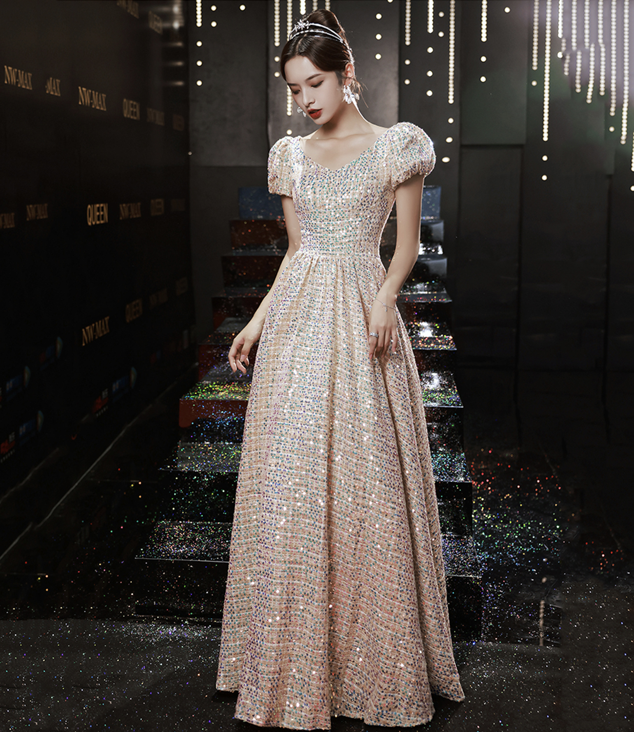 Shiny sequins long A line prom dress evening dress