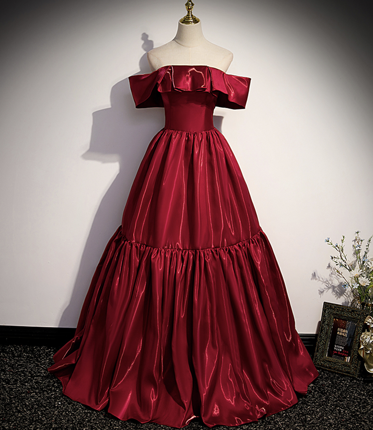 Red satin long prom dress A line evening gown