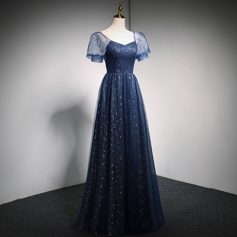 Blue tulle long A line prom dress blue evening dress