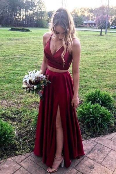 2021 Two Piece Prom Dresses, Wine Red Prom Dresses, Long Prom Dresses,1184