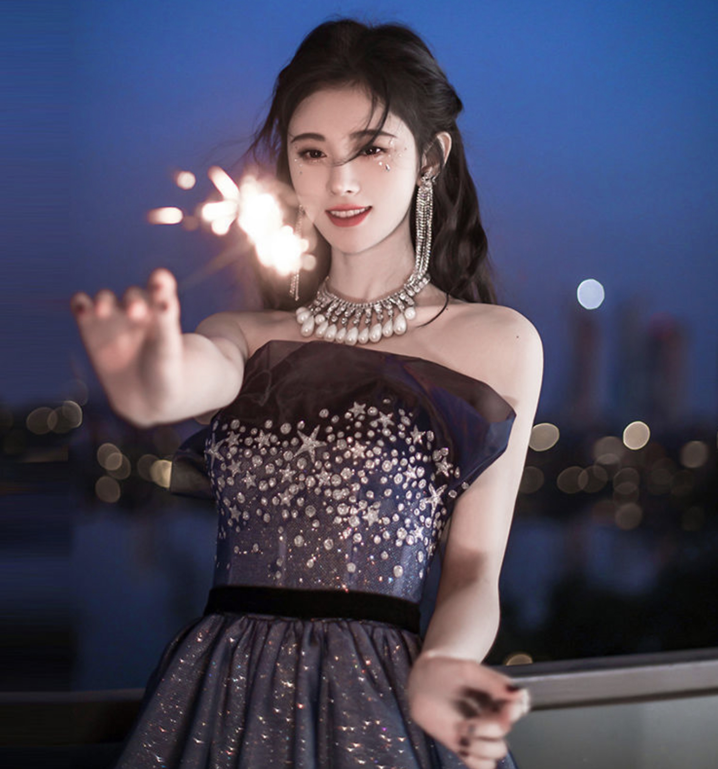 Blue sequins long A line prom dress evening dress