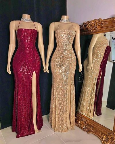 Sexy Mermaid Spaghetti Straps Burgundy Sequins Long Prom Evening Dress with Split,637
