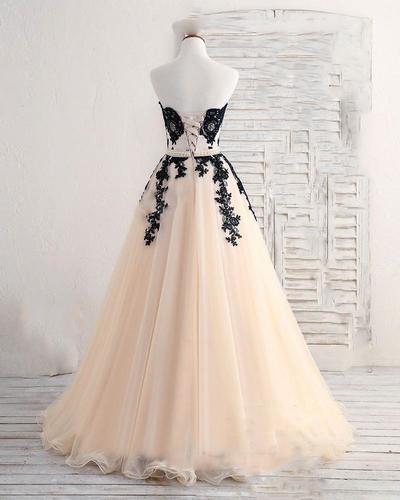 Champagne and Black Lace Wedding Party Gown Formal Prom Dress,639