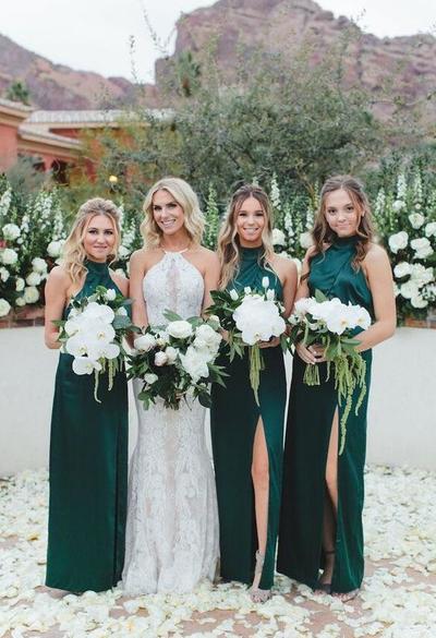 High neck Long bridesmaid dresses with side silt