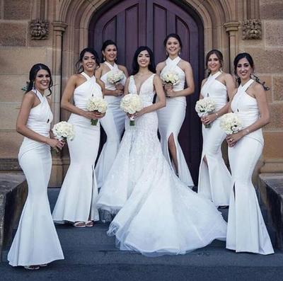 Halter A Line bridesmaid dresses with side split