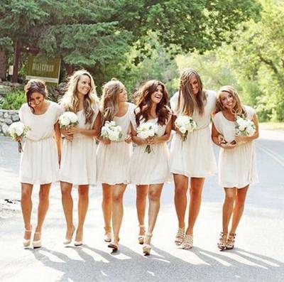 Simple Round neck chiffon Ivory Short bridesmaid dress