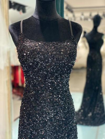 Popular Black Sequins Long Prom Dresses With Slit