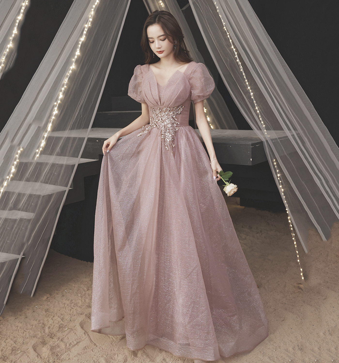 Pink tulle sequins long prom dress A line evening gown