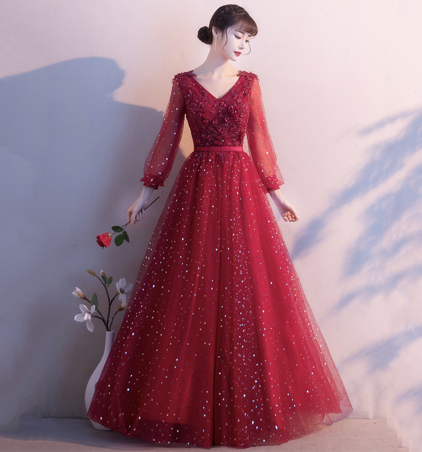 Cute tulle lace long prom dress A line evening gown