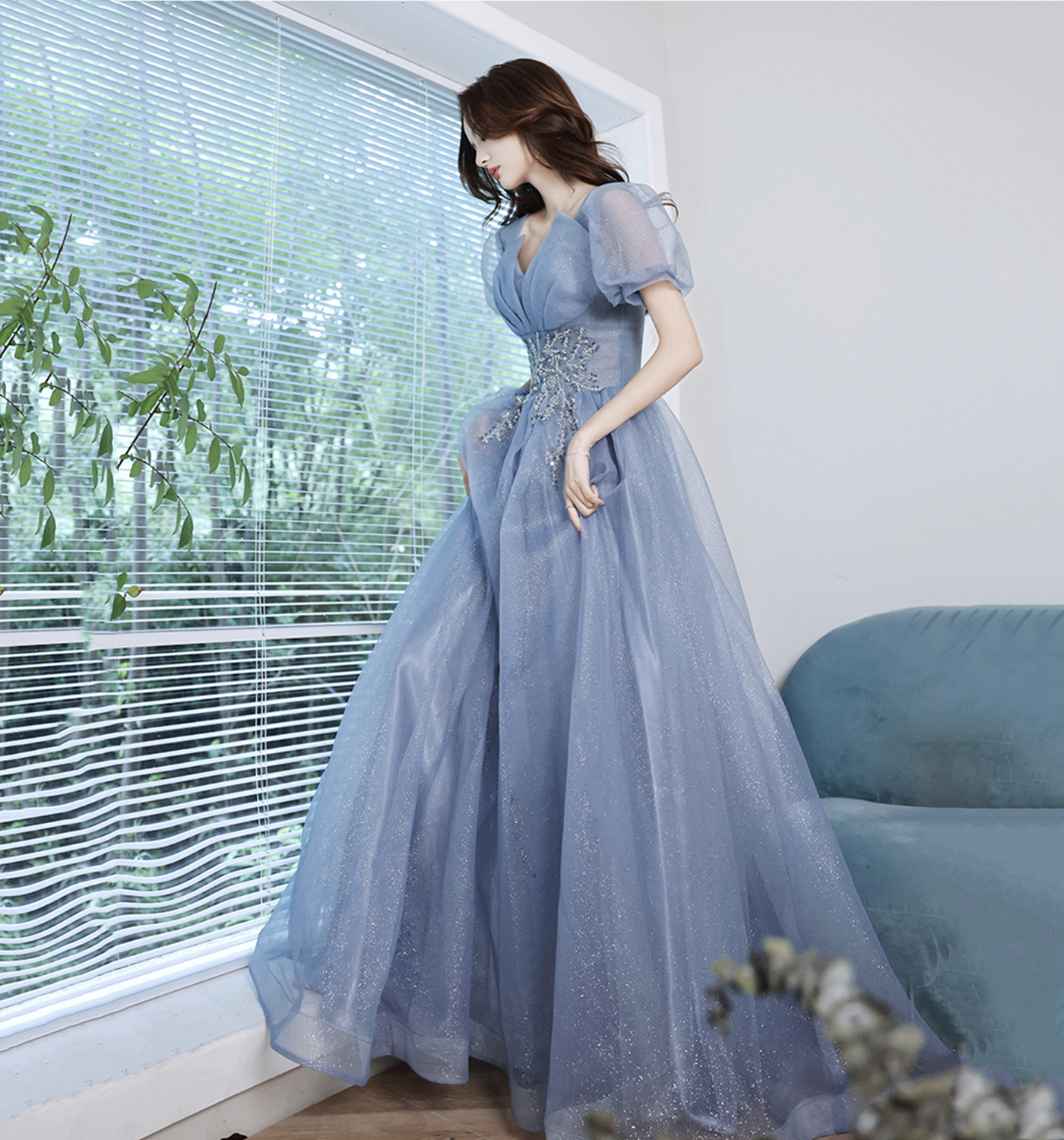 Blue tulle sequins long prom dress A line evening gown