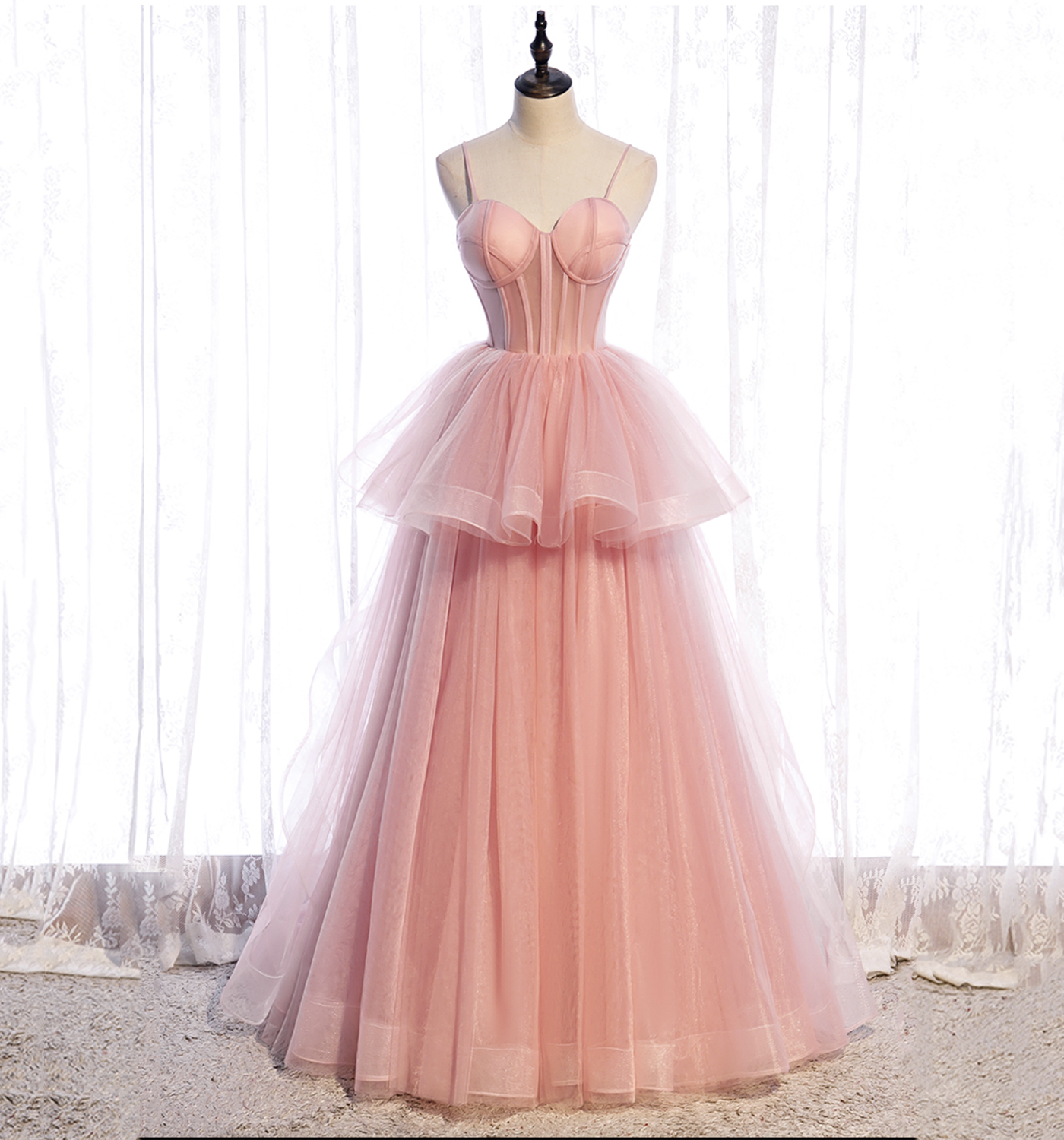 Pink tulle long prom dress A line evening gown
