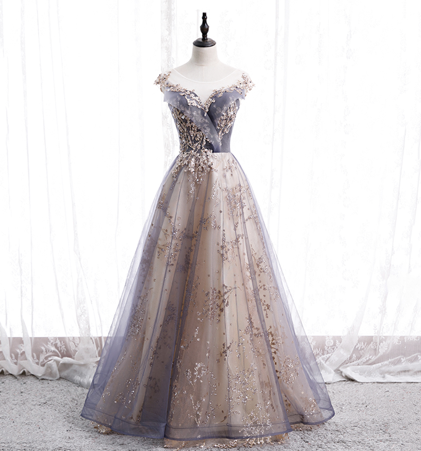 Cute tulle sequins long prom dress evening dress