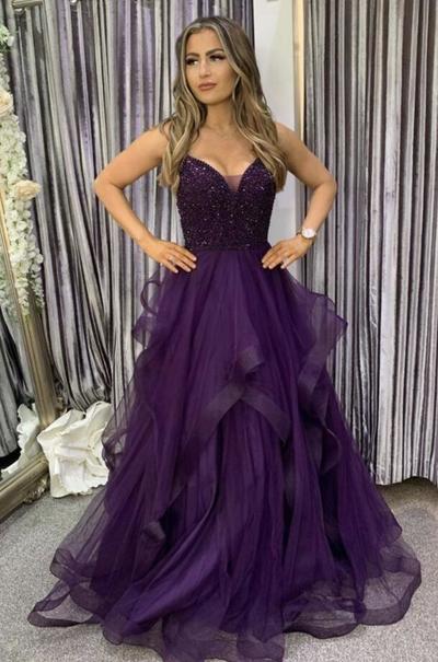 A-Line V Neck Tulle Prom Dresses with Beading