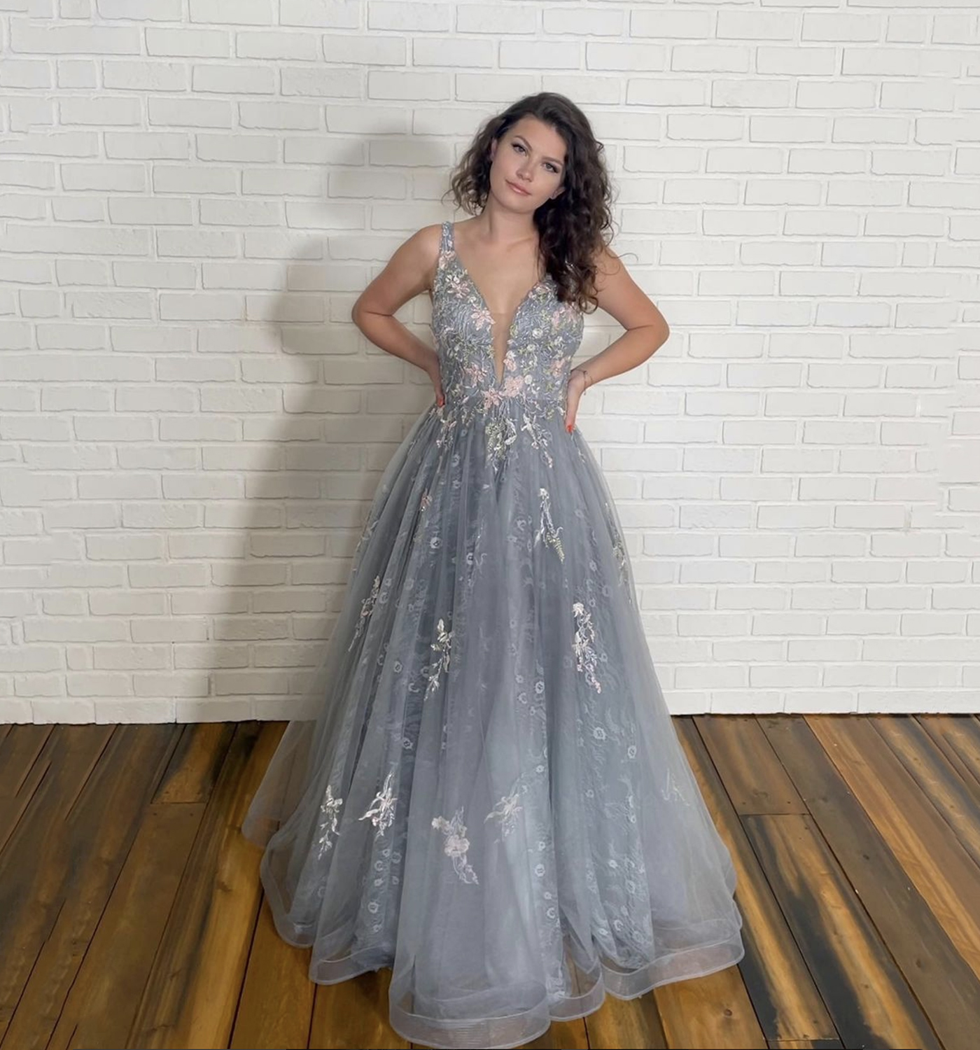 Gray tulle lace long prom dress evening gown