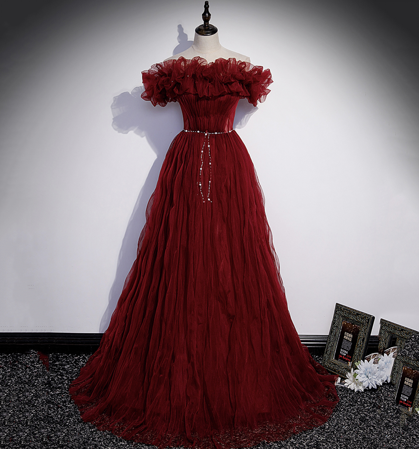Burgundy tulle long prom dress A line evening gown