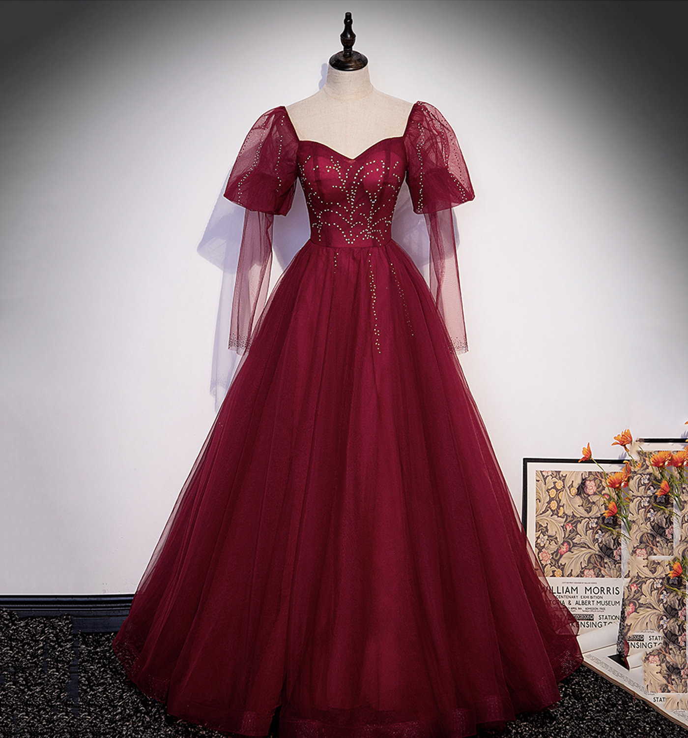 Burgundy tulle beads long prom dress evening gown