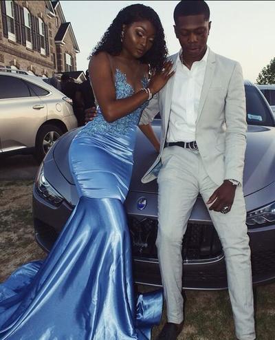 Mermaid Ice Blue Satin Prom Dresses With Lace Appliques