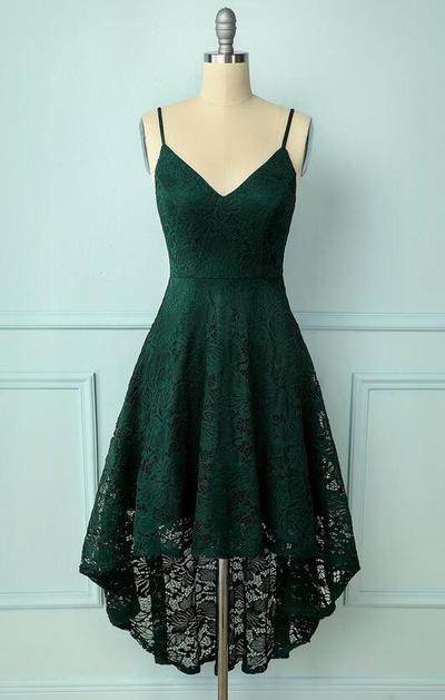High low Dark Green Straps Lace Prom Dress