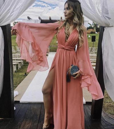 Simple v neck chiffon long prom dress evening dress