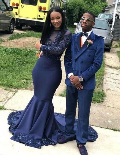 Navy Blue Mermaid Prom Dresses Long Sleeve Lace Appliques